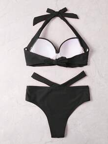 Swim Basics Summer Beach Solid Bikini Set Twist Front Push Up Bra & Cheeky Bottom 2 Piece Bathing Suit - Black - View 2