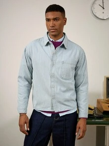 Manfinity Homme Men's Autumn Vertical Striped Denim Casual Loose Long Sleeve Shirt Men Striped Shirt - Light Wash - View 6