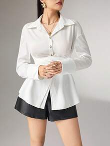 Heiryn Women's Elegant Commuter Solid Color Tie Waist Shirt - White - View 3