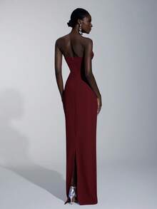 Elitara Elegant Minimalist Split Bandeau Plunging Neckline Fitted Maxi Slit Back Bridesmaid Dress - Burgundy - View 2