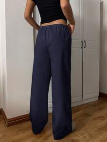 CovetEZ 女士休闲日常通勤简约百搭纯色海军蓝抽绳腰部宽松阔腿裤 - 藏蓝色 - 查看 2