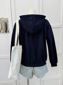 SHEIN Serisse Kids 少女休闲日常校服字母印花拉链卫衣，带口袋，保暖内衬，适合返校季秋冬季穿着 - 寶藍色 - 查看 8