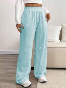 SHEIN LUNE Casual Loose Butterfly Graphic Print Elastic Waist Women Sweatpants - Blue - View 4