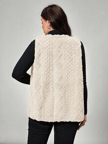 SHEIN LUNE 大码女式休闲毛绒纹理双口袋前开背心，适合秋季大码秋装 - 米色 - 查看 2