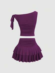 Sweetra Women's Summer Bronze Metallic Flower Decor Camisole & Pleated Layered Mini Skirt Set - Purple - View 4