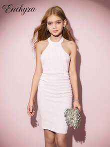 Tween Girl Glittery Party Wear Halter Neck Dress - White - View 8