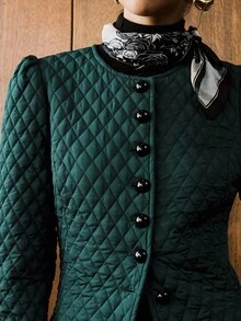 Arave 女式长款绗缝菱形格纹收腰泡泡袖夹克，秋冬 - 墨綠色 - 查看 2