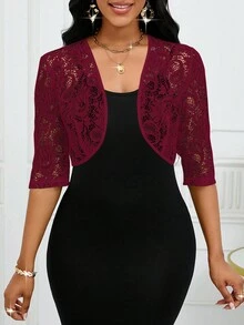SHEIN Lady 2025新款女士酒红色蕾丝短袖开襟露脐优雅轻薄外套，适合万圣节、新年和圣诞节等场合穿着。 - 酒紅色 - 查看 6