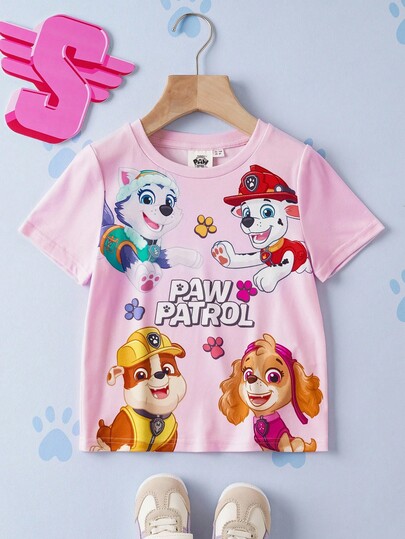 SHEIN | PAW Patrol Young Girl Cute Cartoon Puppy Pattern Round Neck Short Sleeve Casual Sports Pink T-Shirt Girls Printed Short Sleeve T Shirt Kids Casual Crew Neck T Shirt T Shirt For Kids Girls