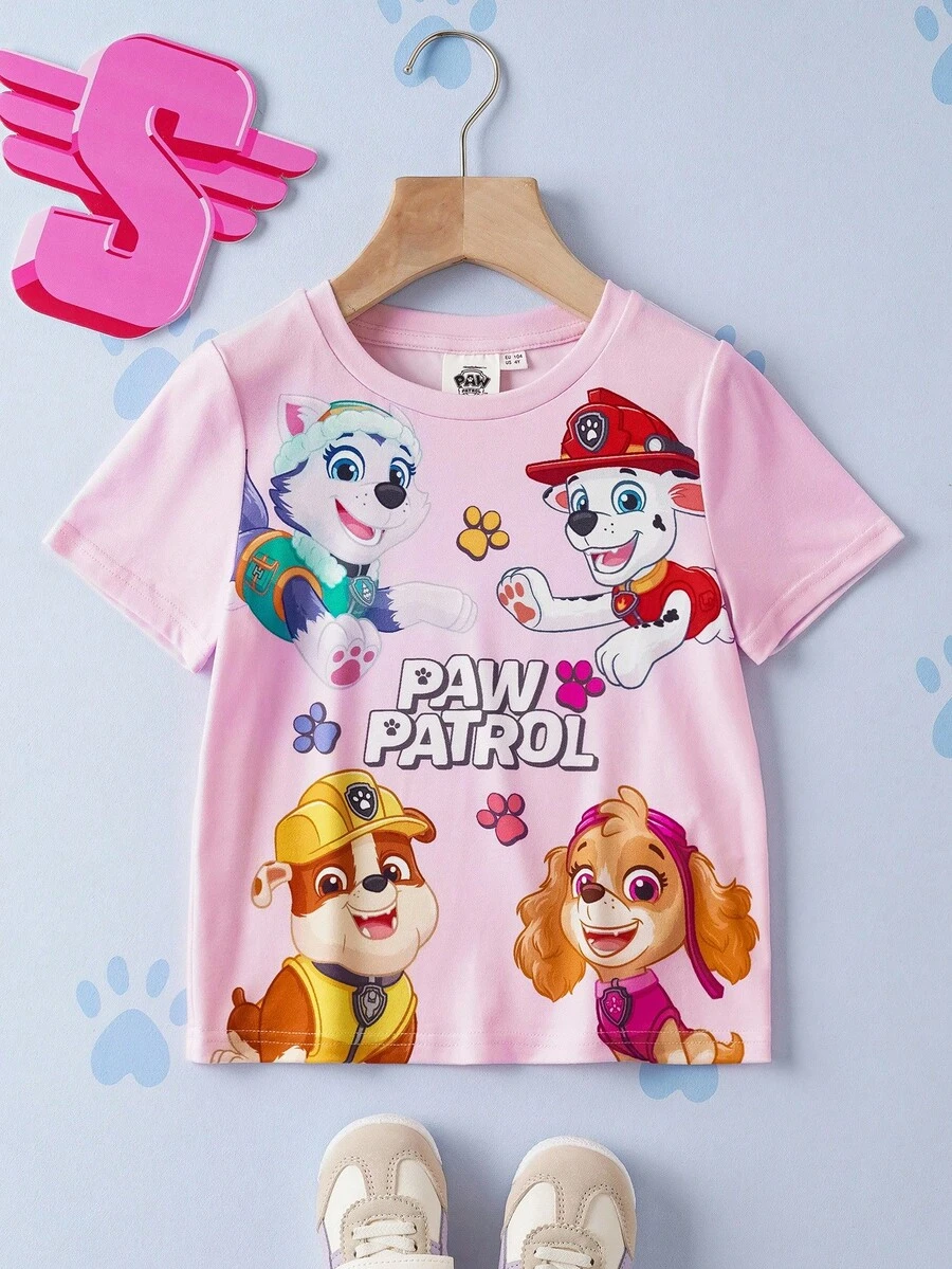 SHEIN | PAW Patrol Young Girl Cute Cartoon Puppy Pattern Round Neck Short Sleeve Casual Sports Pink T-Shirt Girls Printed Short Sleeve T Shirt Kids Casual Crew Neck T Shirt T Shirt For Kids Girls