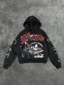 ROMWE MEN Street Life Spring Casual Graphic Men'S Hooded Sweatshirt, Casual Street Style, Popular American Eye Graphic Print Short Hoodie, Autumn/Winter, Long Sleeve Top - Black - View 3