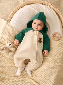 SHEIN Newborn Baby Unisex Cute Patchwork Knitted Bear Pattern Thickened Hooded Jumpsuit, Autumn/Winter Fall - Dark Green - View 6