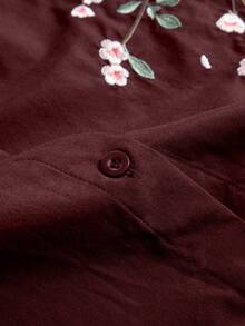 Modelyn 休闲花卉刺绣女式长袖衬衫 - 酒紅色 - 查看 4
