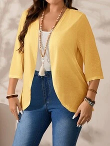 EMERY ROSE 秋季大码女式纯色七分袖休闲开襟夹克 - 黃色 - 查看 6