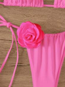 Swim Chiccia Summer Beach Appliques Halter Triangle Tie Side Bikini Set - Pink - View 4