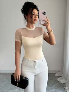 Elenzga 女式2025夏季纯色百搭网眼拼布圆领短袖T恤 - 杏色 - 查看 7