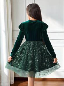 Tween Girl Casual Minimalist Comfortable Round Neck Ruffle Hem Mesh Hem Dress - Green - View 3