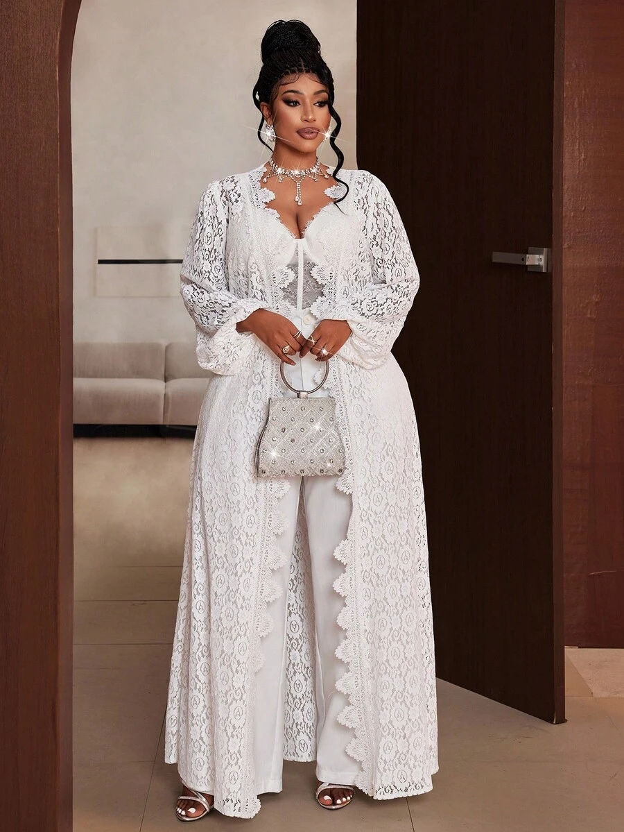 Maweii Plus Size Women Lantern Sleeve Open Front Lace Elegant Long Cardigan - White - View 1