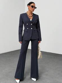 EURMUSE Striped Suit Set, Gold Details Blazer & Flared Fit Pants - Navy Blue - View 1