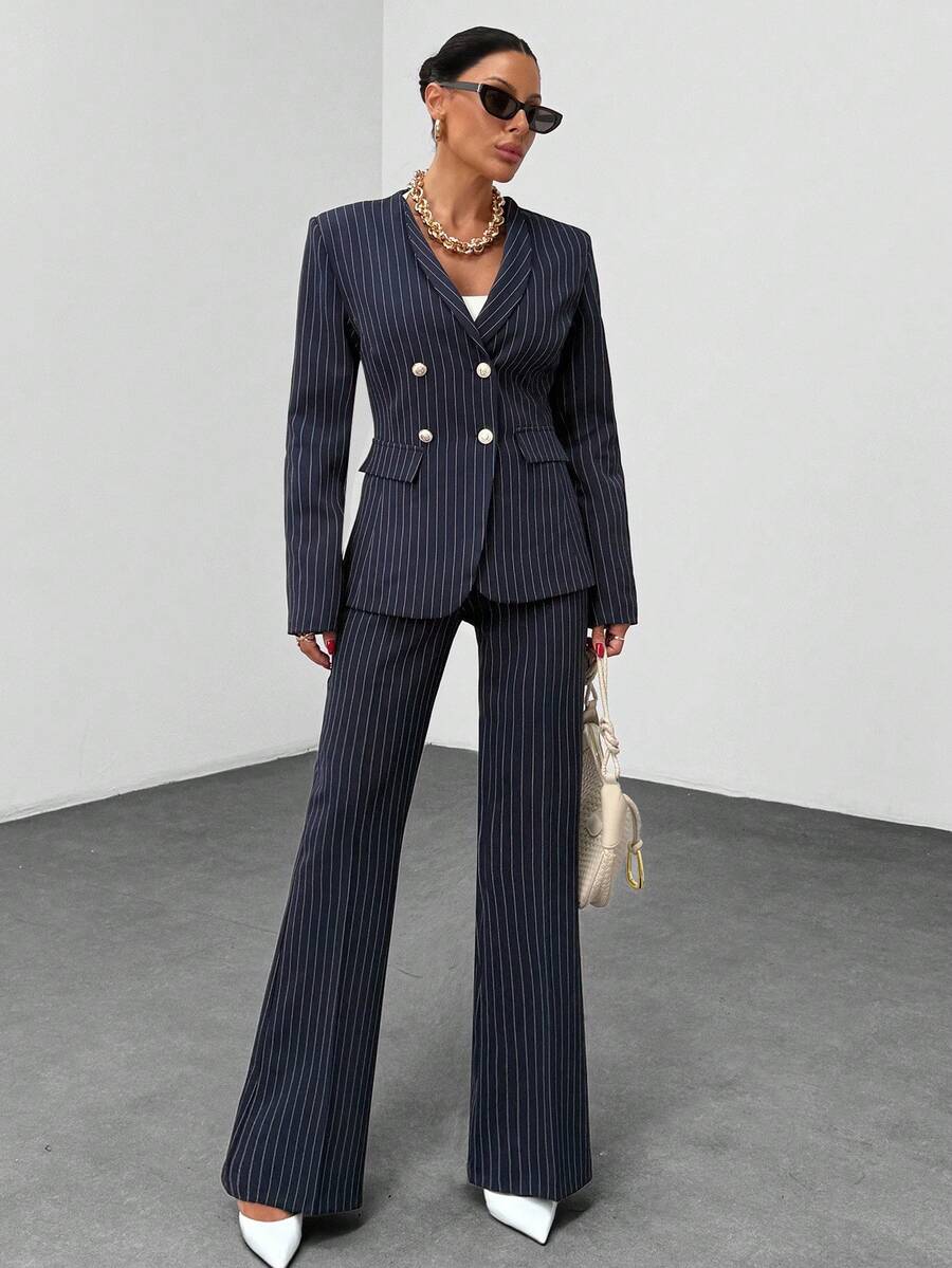 EURMUSE Striped Suit Set, Gold Details Blazer & Flared Fit Pants - Navy Blue - View 1