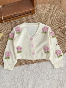 LMoss Kids Cardigan casual tricotat cu flori 3D pentru bebeluși și fetițe - alb - Vizualizare 5