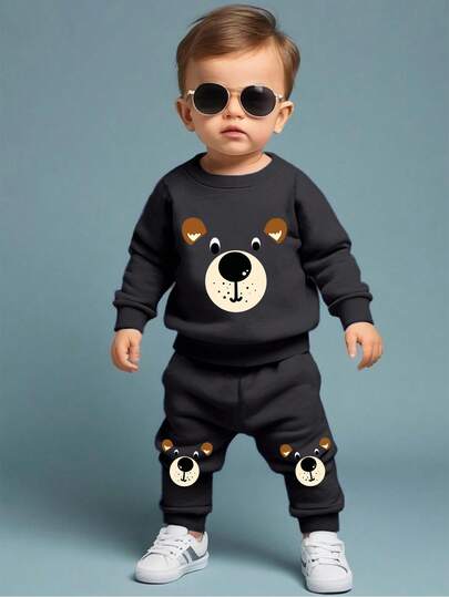 SHEIN Baby Boy Crew Neck Long Sleeve Printed Casual Top And Trousers Set