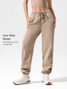 GLOWMODE 28" Fleece Soft Warm Oversized Fit Adjustable Drawstring Waist Vintage Joggers With Side Pockets Daily Casual Autumn Winter - Apricot - View 2
