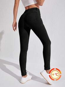 SHEIN SXY 女式高腰口袋紧身休闲百搭牛仔裤 - 黑色 - 查看 2