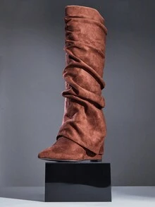 SHUZIA Botas de cuña de punta puntiaguda hasta la rodilla para mujer, adecuadas para uso diario casual y vacaciones - Marrón - Ver 5
