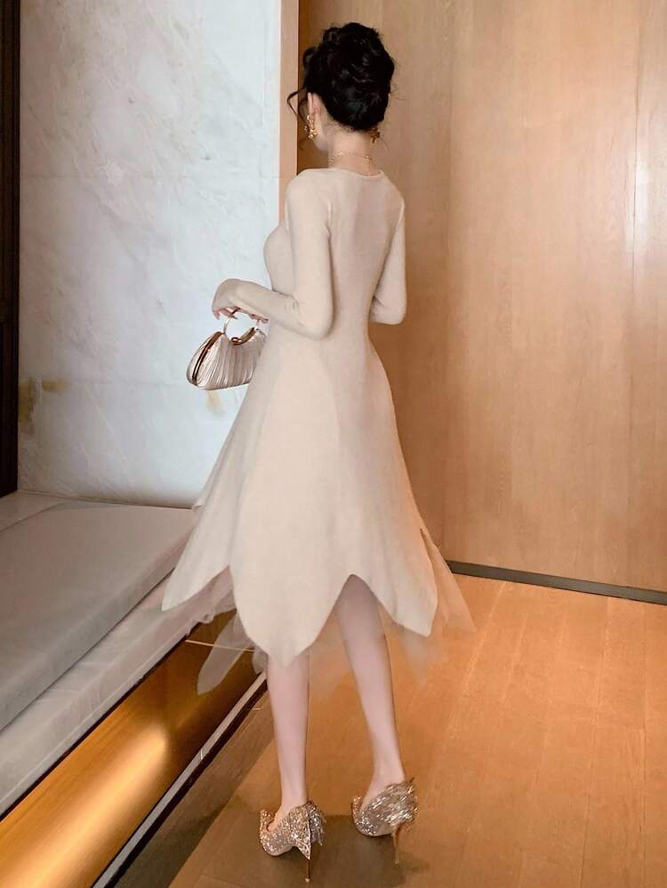 Women's Autumn Patchwork Asymmetrical Hem Waist Cinched Sweater Dress