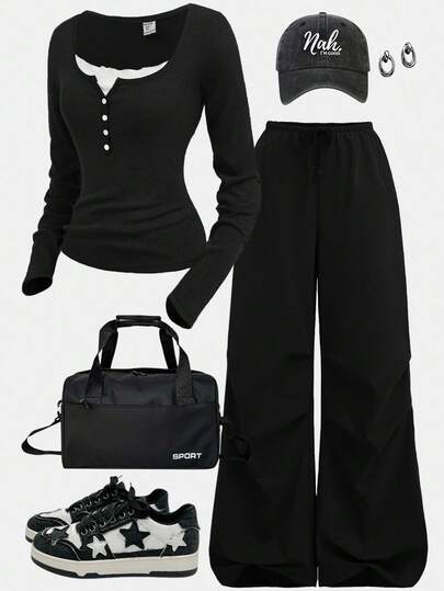 Girlism 少女黑色罗纹针织长袖立领撞色饰边纽扣设计紧身上衣 T 恤搭配黑色褶皱阔腿裤休闲街头时尚运动两件套