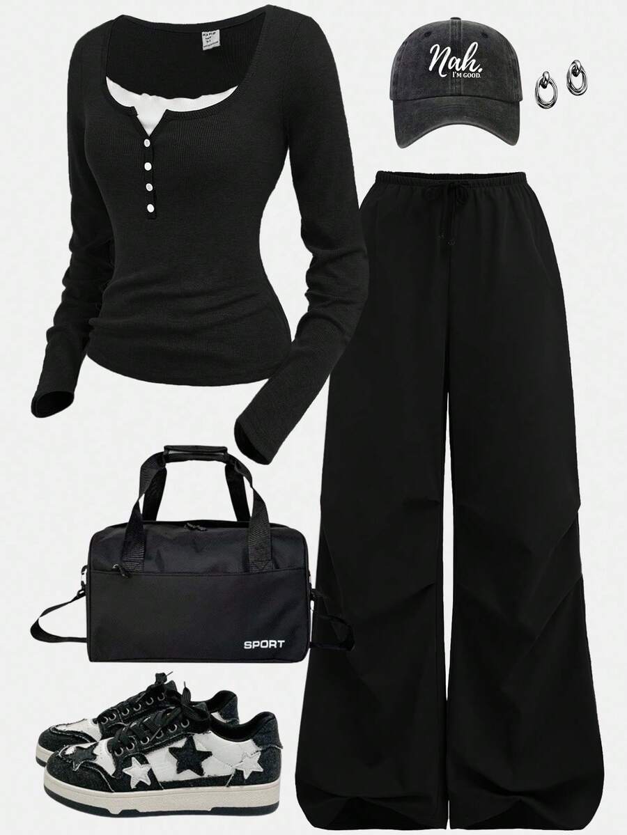 Girlism 少女黑色罗纹针织长袖立领撞色饰边纽扣设计紧身上衣 T 恤搭配黑色褶皱阔腿裤休闲街头时尚运动两件套 - 黑色 - 查看 1