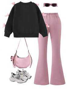 Sparklyn 2件套女童休闲时尚粉色蝴蝶结黑色上衣和粉色裤子运动服套装 - 彩色 - 查看 2