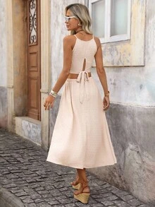 Brillora Solid Color Texture Casual Two Pieces Beach Set For Vacation - Apricot - View 2