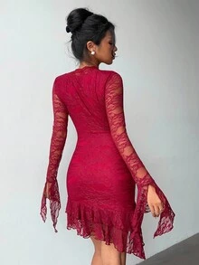 Aloruh Women's Sexy & Elegant Festive Christmas Halloween Bell Sleeve Fitted Lace Mini Dress,Symmetrical Flare Sleeve Fish Tail Maxi Lace Dress, Saudi National Day,Saudi National Day Clothing,Goth Dress,Fall/Winter Dress