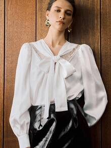 GENKIRA 法式优雅通勤女士蕾丝拼布 V 领系带衬衫，百搭分层衬衫，适合所有季节，秋冬 - 白色 - 查看 6