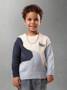 Winter Kids Knitted Color Block Jumper With Small Logo Casual Pullover Long Sleeve Ribbed Trim Cozy Autumn Sweater Fall - Multicolor - View 3