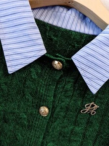 GlowEve CURVE Conjunto de dos piezas de suéter de talla grande con cuello de camisa, puños vueltos y botones, suéter de patchwork - Verde Oliva - Ver 3