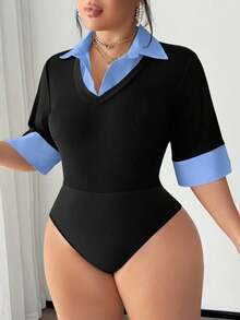 SHEIN SXY Plus Size Women's Spring/Summer Sexy Elegant Minimalist Commuting Black & White Contrast Color Block Shirt Collar 2 In 1 Bodysuit, Suitable For Everyday Wear, Business, Simple, Commuting, Elegant, Casual, Shopping, Streetwear, Going Out, Easy To Match & Looks Slim, Accent Your Body, Flatter The Figure