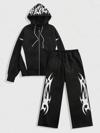 Street Life Set di felpa con cappuccio e pantaloni della tuta con stampa geometrica, uomo, autunnale