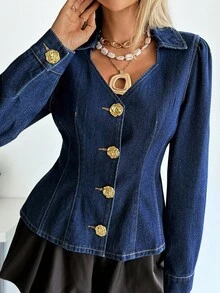 Siren Gaze 女式深蓝色牛仔夹克V领收腰长袖上衣金色金属纽扣性感古着风格玫瑰纽扣牛仔上衣女式牛仔衬衫秋季外套 - 深色水洗藍 - 查看 6