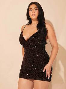 SHEIN BAE Váy ngắn dây mảnh đính sequin thanh lịch cỡ lớn dành cho nữ, dự tiệc tốt nghiệp, dạ hội, tiệc Halloween, màu xanh lá cây, váy sinh nhật dành cho nữ - Cà phê nâu - Xem 5