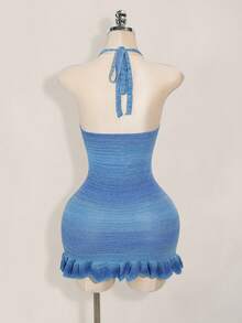 Sweetina Váy len dệt kim không tay dành cho nữ, màu xanh tươi mát cho mùa thu/đông - Màu xanh lam - Xem 2