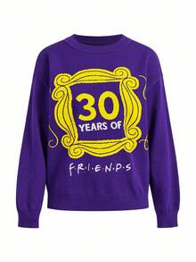 FRIENDS X SHEIN Women Casual Everyday Letter Pattern Loose Drop Shoulder Sweater, Autumn/Winter - Purple - View 1