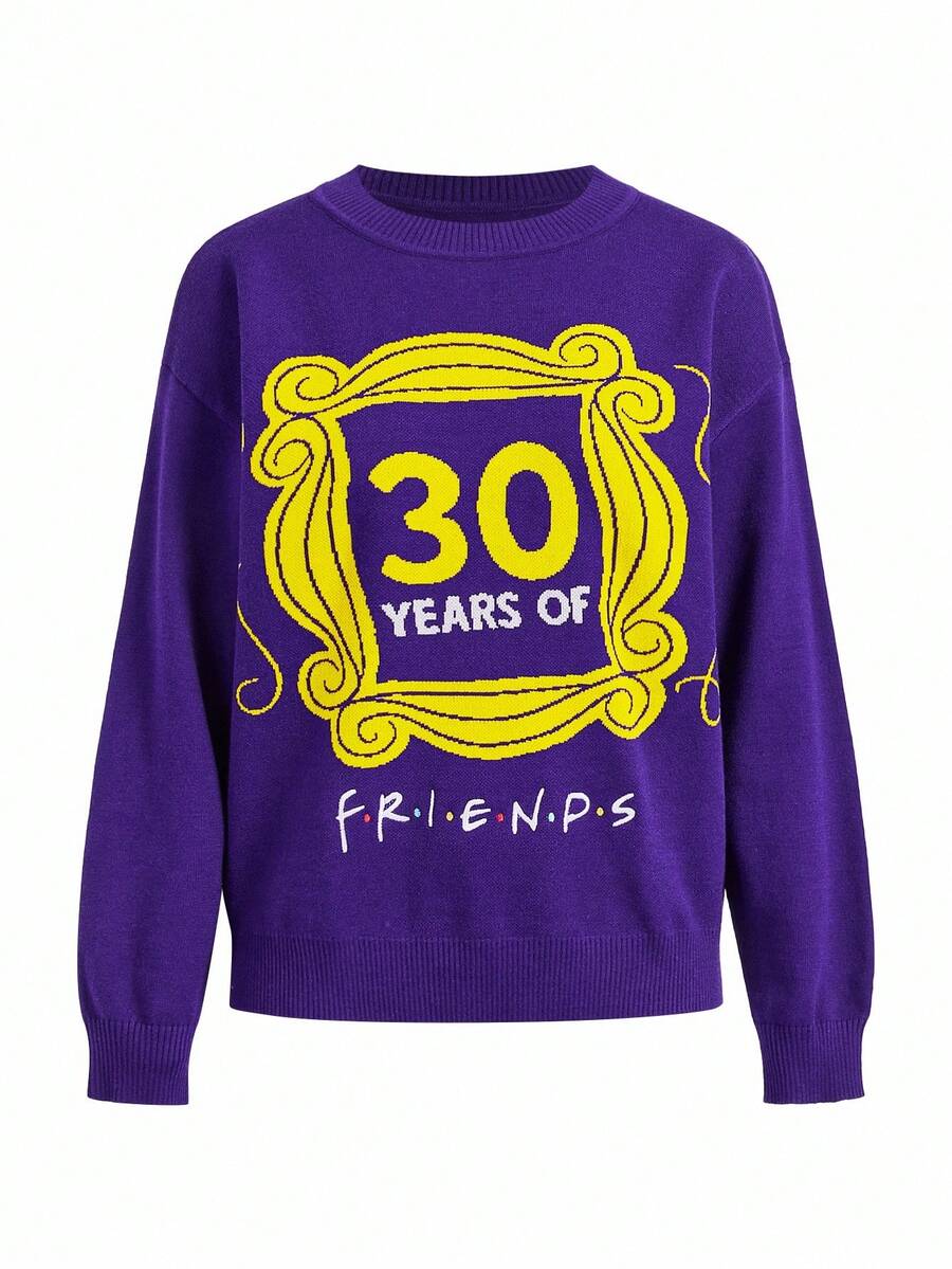 FRIENDS X SHEIN Women Casual Everyday Letter Pattern Loose Drop Shoulder Sweater, Autumn/Winter - Purple - View 1