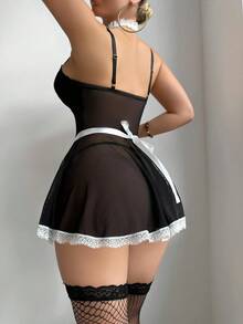 SHEIN 6pcs Halloween Maid Lace Mesh Sexy Suspender Dress + G-String + Waist Belt + 2pcs Socks + Ruffle Neck Collar Set - Black and White - View 2