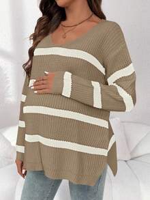 SHEIN Suéter de punto de manga larga casual de color contrastante para maternidad - Caqui - Ver 6