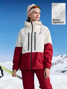 In My Nature 女士字母印花撞色长袖连帽户外防风防水夹克，滑雪夹克，户外 - 紅白色 - 查看 7