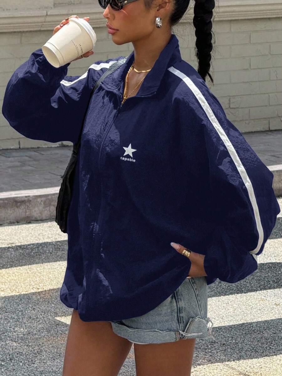 SHEIN Áo khoác thông thường màu đen cho bé gái mới trở lại trường màu khối tương phản màu sắc thường ngày - Màu xanh hải quân - Xem 1