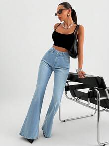 EURMUSE 低腰 Y2K 斜口袋喇叭牛仔裤 - 中等水洗藍 - 查看 3